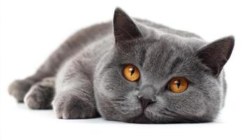 The gray cat with striking orange eyes resting peacefully on a white surface. photo