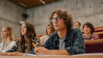 The student in a modern classroom engaged in a lecture with peers. photo