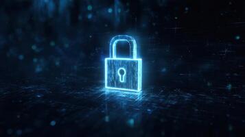 The glowing digital padlock symbolizing advanced security and data protection technologies. photo