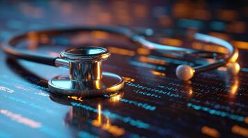 The Stethoscope Surrounded by Digital Data and Coding Elements photo