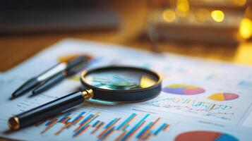 The magnifying glass reveals insights in a data analysis workspace. photo