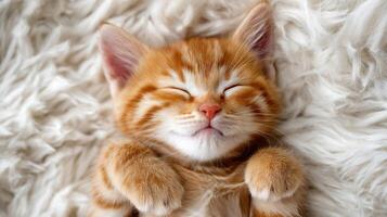 The adorable orange kitten sleeping peacefully on a fluffy blanket. photo