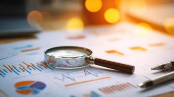 The magnifying glass highlighting critical data and analysis in a professional workspace. photo