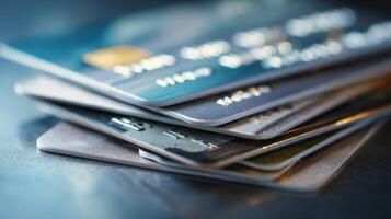 The stack of credit cards showing various designs and textures in a close-up view. photo
