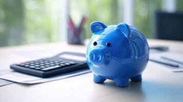 The blue piggy bank symbolizing financial savings and smart budgeting in an office setting. photo