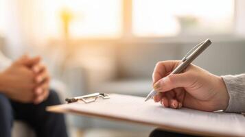 The hand writing notes during a professional consultation in an office setting photo