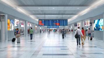 The busy airport terminal bustling with travelers and modern digital displays. photo