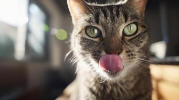 The adorable cat licking its nose with curious green eyes in a cozy setting. photo