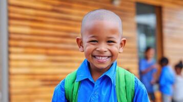 The cheerful boy with a backpack enjoying school and friendship moments. photo