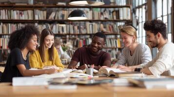 The group of diverse friends enjoying a collaborative study session in a library. photo