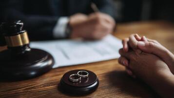 The gavel and wedding rings symbolize the end of a partnership. photo