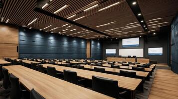 The modern conference room with sleek design and advanced technology features. photo