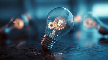 The luminous lightbulb showcasing intricate gears and innovative design elements. photo