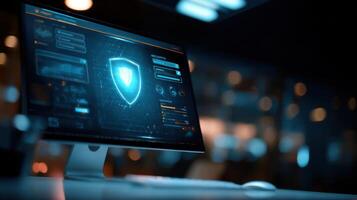 The modern computer screen displaying a cybersecurity interface with blue accents. photo