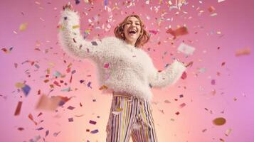 The joyful young woman celebrating under a shower of colorful confetti. photo