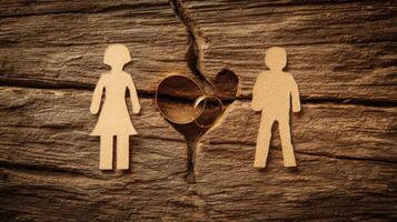 The paper figures of a couple with a heart and wedding ring on wood photo