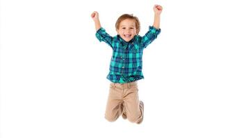 The joyful child leaping in excitement and happiness, showcasing pure joy. photo