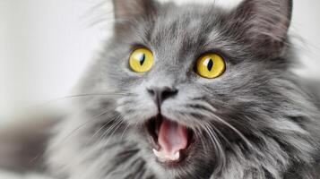 The surprised cat with expressive yellow eyes and fluffy gray fur. photo