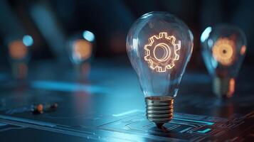 The Lightbulb Illuminating Ideas with a Gear Motif in a Futuristic Setting. photo