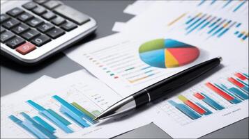 The business analysis tools including charts, graphs, and calculations on a workspace. photo