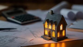 The illuminated model home on a table surrounded by architectural plans and tools. photo