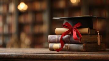 The graduation cap resting on classic books in a serene library setting. photo