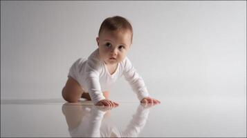 The adorable baby crawling on a reflective surface, showcasing curiosity and innocence. photo