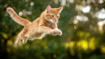 The orange cat leaping gracefully through a sunlit garden in motion. photo
