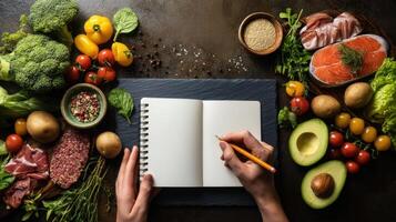 The hand writing in a notebook surrounded by fresh ingredients for cooking photo