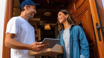 The friendly delivery of a package at the doorstep creates a joyful moment. photo