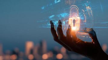 The hand showcasing a digital lock symbolizing cybersecurity and data protection. photo