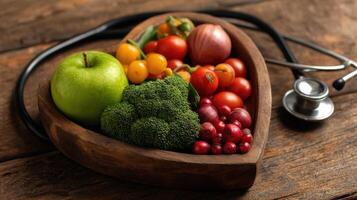 The heart-shaped bowl filled with fresh fruits and vegetables promoting health. photo