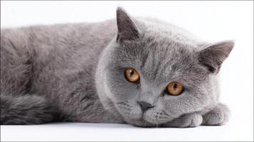 The gray cat resting peacefully with striking golden eyes. photo