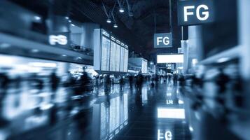 The bustling airport terminal showcasing modern signage and vibrant traveler activity. photo
