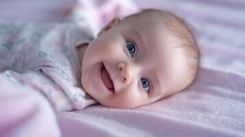 The adorable baby smiling playfully on a soft pink blanket. photo