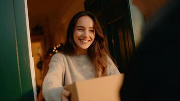 The woman joyfully receiving a package at her front door during evening light. photo