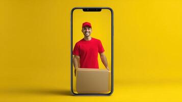 The smiling courier delivering a package through a smartphone screen. photo