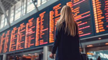 The woman observing flight information display at a bustling airport terminal. photo