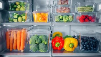 The colorful arrangement of fresh vegetables in a well-organized refrigerator. photo