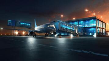 The airplane at a modern airport terminal during twilight with beautiful lighting. photo