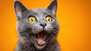 The surprised gray cat with striking yellow eyes against an orange backdrop. photo