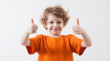 The happy boy giving thumbs up in a bright orange t-shirt. photo