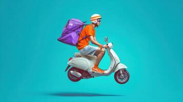 The dynamic delivery rider soaring on a scooter against a vibrant backdrop. photo