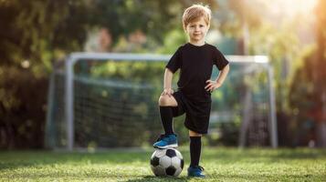 The confident young boy posing with a soccer ball outdoors in the sun. photo