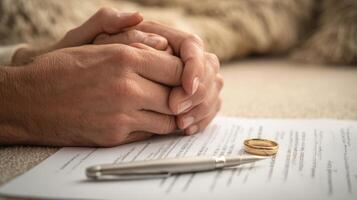 The hands of uncertainty resting beside a wedding ring and divorce papers. photo