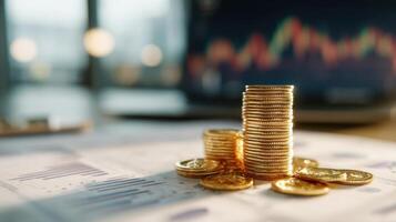 The gold coins stacked on a financial analysis background with graphs and charts. photo