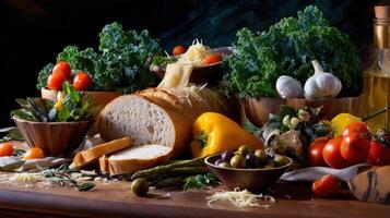 The vibrant assortment of fresh vegetables and bread on a rustic table. photo