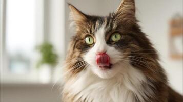 The fluffy cat playfully licking its tongue in a cozy home environment. photo