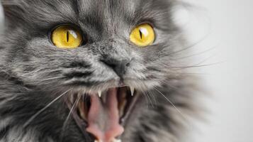The expressive gray cat showcasing its vibrant yellow eyes and fierce demeanor. photo