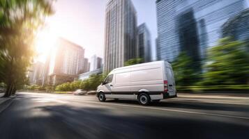 The moving white van cruising through a bustling urban landscape at sunset. photo